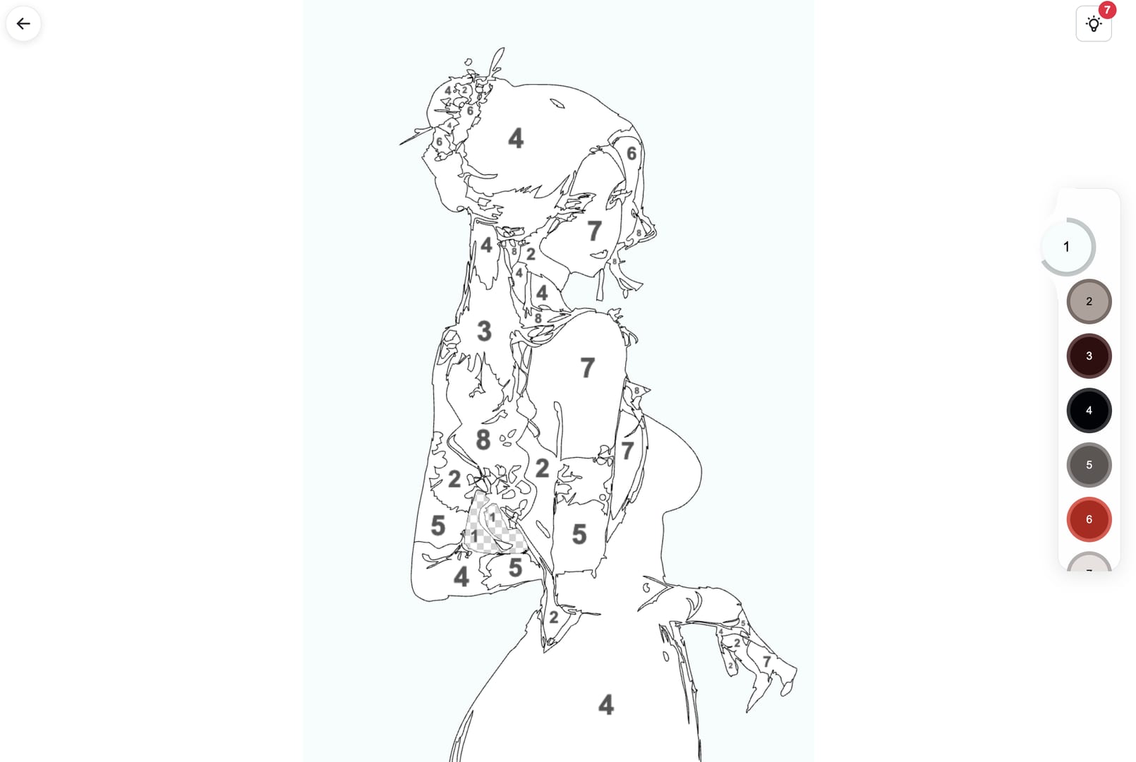 Coloring in progress — tap the numbered areas to fill them with the matching color