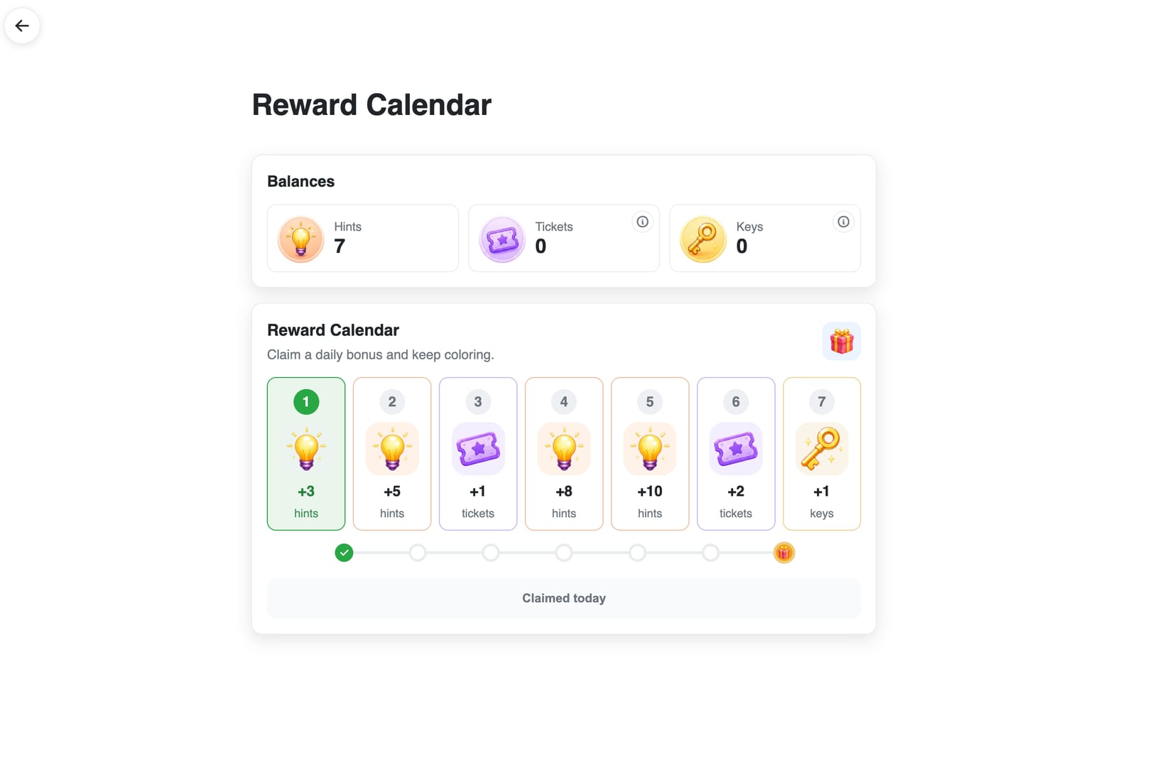 Daily reward calendar — claim bonuses like hints, tickets, and keys to keep coloring